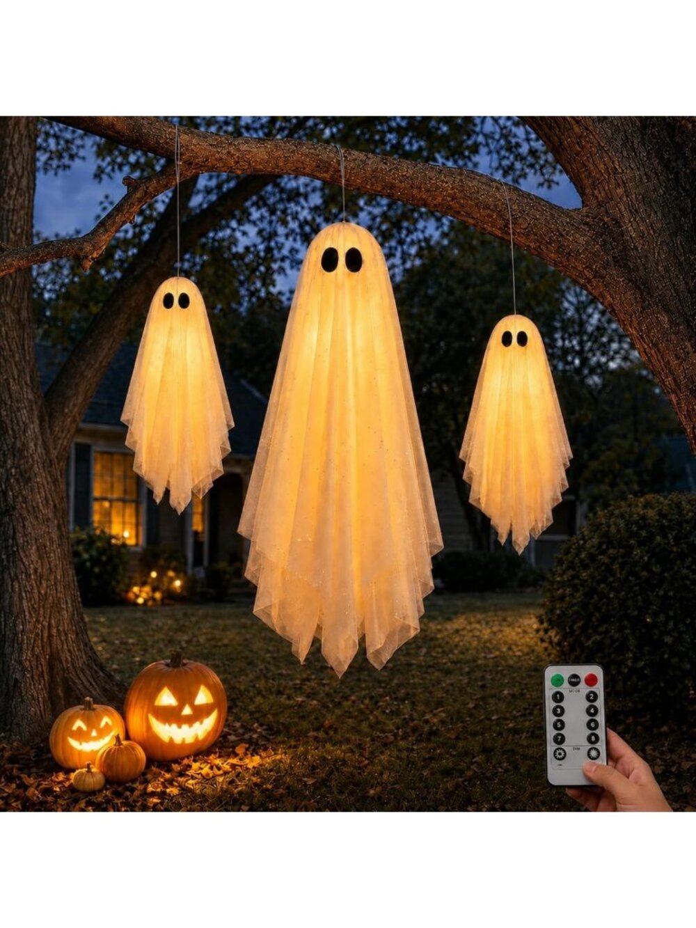 Set of 3 Pre-Assembled Hanging Ghosts - Halloween Decor with Remote Timer & Glow